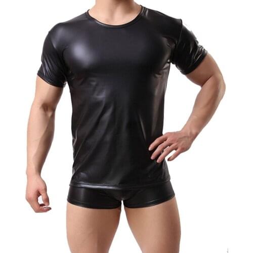 Rock Men' s PU Leather Tops Black Short Sleeve O Neck Sexy Fitness Punk Night Club Wear T-shirt Male Sexy Vinyl Leather Tees