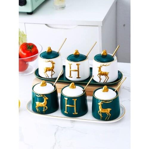 Seasoning jar set Nordic kitchen sugar salt seasoning bottle ceramic sauce storage jar with lid household small oil tank