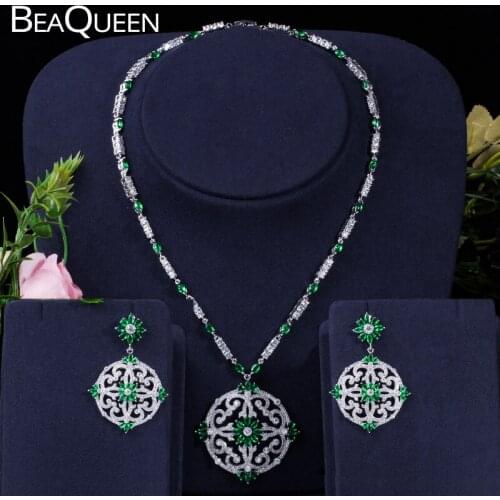 BeaQueen Green Cubic Zircon Women Big Round Drop Earrings And Necklace Bridal Jewelry Set For Nigerian Wedding Evening JS046