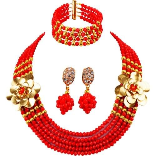 Opaque Red African Necklace Crystal Beads Jewelry Set Nigerian Wedding Bridal Party Jewelry Sets 5LDH08