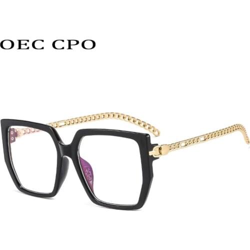 OEC CPO Fashion Square Glasses Women Retro Colorful Frame Clear Eyeglasses Female Brand Designer Chain Decorate Transparent Lens