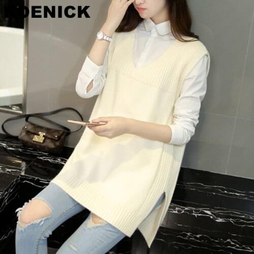 ROENICK Sweaters Vests Women Solid Knitted V-neck Sweater Vest Womens Plus Size 3XL Korean-style Baggy Casual Jumpers Side-split