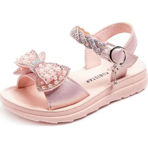 Girls' sandals 2021 summer new fashion bowknot Beaded princess shoes girls' soft bottom non slip student beach sandals