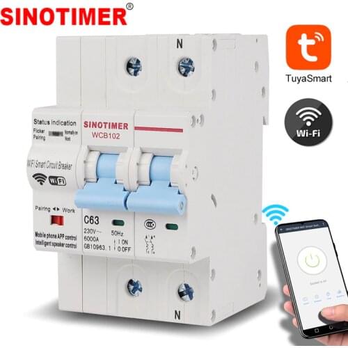 2P Din Rail Tuya APP Mobile Remote Switch Control Smart WiFi Circuit Breaker Home Electric 220V 63A Compatible with Alexa Google