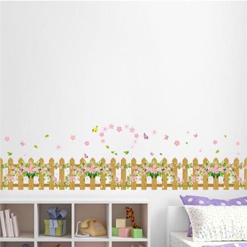 Vivid Pink Flower Butterfly Garden Fence Wall Sticker Home Decoration Diy Bedroom Baseboard Decal Pastoral Mural Art Pvc Poster