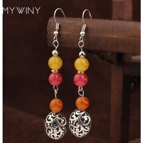 Hollow out metal ball fashion colorful nature stones dangle earrings for women,red ethnic vintage earrings exotic jewelry