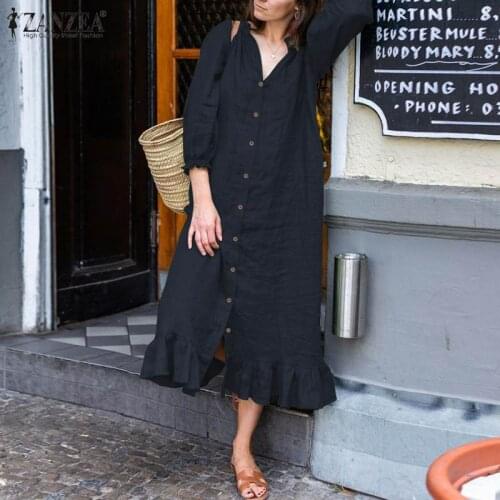Stylish Button Ruffle Dress Womens Autumn Sundress ZANZEA Casual 3/4 Sleeeve Midi Vestidos Female Solid Robe Femme Oversized