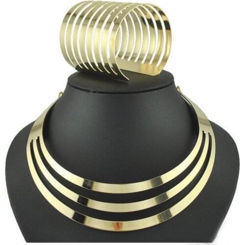 New Fashion Gold Punk Alloy Big Wide Open Cuff Bangle Choker Necklace Hollow Geometric Pulseiras De Ouro Jewelry Sets for Women