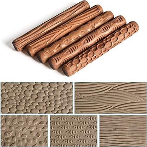 5PCS Pottery Tools Wood Hand Rollers for Stamp Pattern Roller Pattern Ceramic Clay Tools Sculpting Tools Polymer Molds