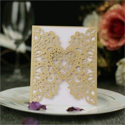 100 pieces/lot) Laser Cut Heart Gold Engagement Invitation Card Hollow Out Floral Customized Printing Wedding Invitations IC110