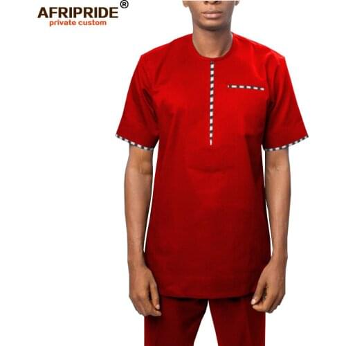 2019 African Men Shirt Suit Dashiki Short Sleeve Tops Blouse and Trousers 2 Piece Tracksuit Pockets Wear Tops AFRIPRIDE A1916043