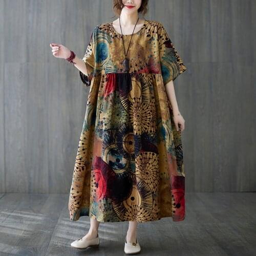 2021 Holiday Beach Maxi O-Neck Print Sundress Women Soft Dress Loose Summer Plus Size Dress Female Casual Cotton Linen Dress