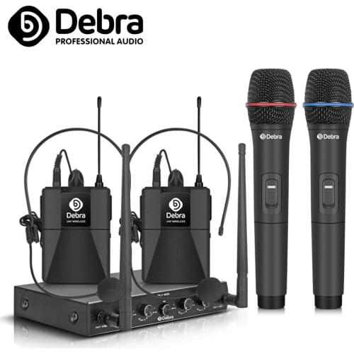 AU-400 UHF 4Channel Wireless Microphone system handheld & Lavalier & Headset mic 80m range portable for karaoke KTV church party