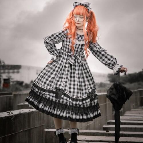 Lolita One Piece Dress Plaid Empire Long Sleeve Ruffles Lolita Dress