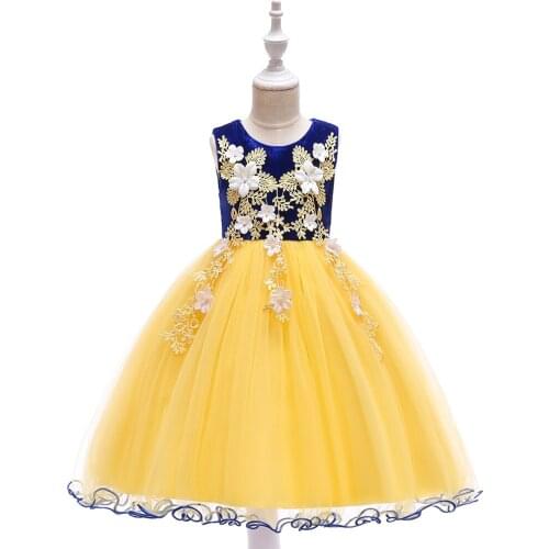 Appliques Flower Mesh Princess Dress for Kids Girls Christmas Formal Clothes Girls Birthday Dress Kids Thanksgiving Night Dress