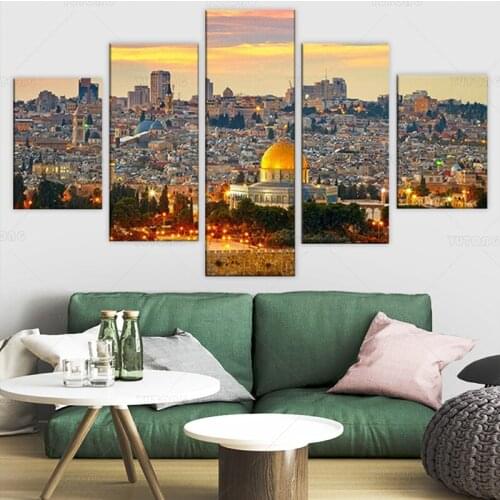 Jerusalem Sunset View Islamic 5 Panel Canvas Picture Print Wall Art Canvas Painting Wall Decor for Living Room Poster Framed