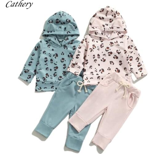 2Pcs Newborn Baby Girls Boys Clothing Set Toddlers Leopard Print Long Sleeve Hoodies Tops Solid Color Pants Pockets Outfits 0-3Y