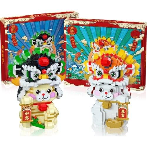 Maneki Neko Mini Blocks Lucky Cat Lion Dance Building Bricks Money Smile Fortune Cat Block Toy Figures for New Year Gift