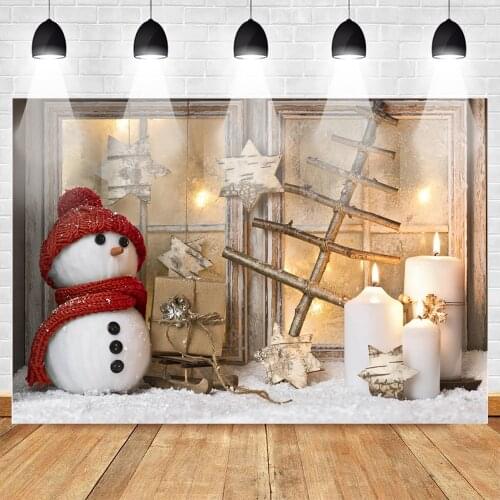 MOCSICKA Christmas Backdrop for Photography Winter Red Snowman Window Candles Background Snow Scene Wood Photo Studio Photocall