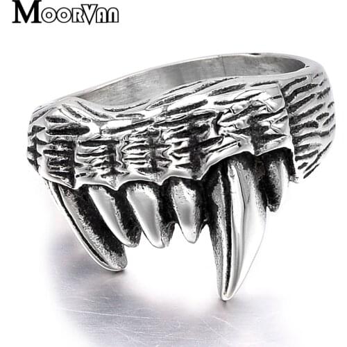 Moorvan gothic,hiphop wild animals tooth ring punk 316l stainless steel jewellery casting style rock mens rings VR298