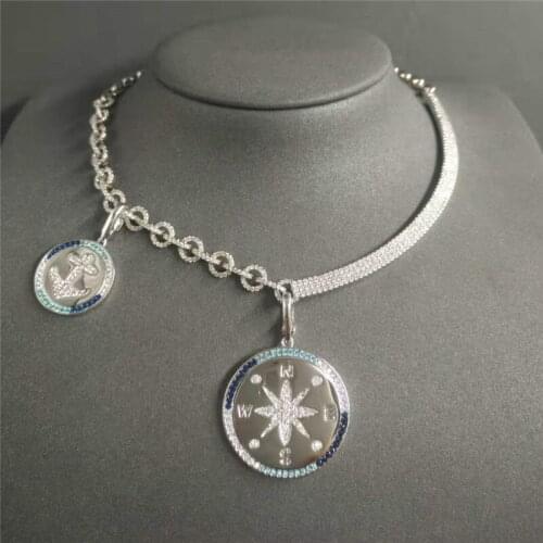 S925 sterling silver new fashion white gold compass anchor collar female personality retro simple necklace