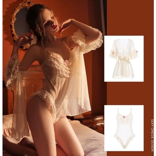 Sexy Summer Womens Bodysuit Robe Bath Gown Kimono Pajamas Ruffles Mesh Sleepwear Lady Home Wear Nightgown Sleepshirts