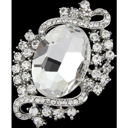 Detailed Big Glass Crystal Weddinng Women Bridal Brooch Silver Plated Hot Selling Diamante Lady Scarf Pins