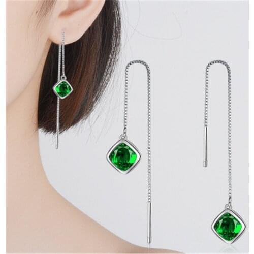 QIAMNI Womens Rhombus Green Cubic Zirconia Ear Wire Tassel Long Chain Drop Dangle Earring Crystal Ear Line Wedding Gift Brincos