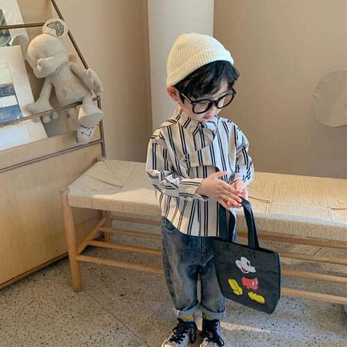Boys' Shirt 2021 Autumn New Personality Design Sense Vertical Stripe Turn-down Collar Long Sleeve Shirt Childrens Casual Top