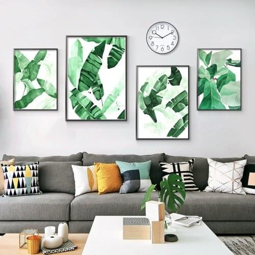 Green Watercolor Banana Leaves Plants Poster Handmade Canvas Prints Nordic Living Room Freshing Decor Painting Wall Art Picture