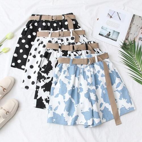 DOUJILI 2021 Summer Short Pants Round Dot Dairy Cow Printing Elastic Waistband Pocket Retro High Elastic Waist Shorts For Lady