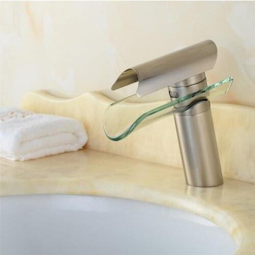 Bathroom sink basin faucet glass, Copper short basin faucet waterfall mixer water tap, Brass wash basin faucet hot and cold