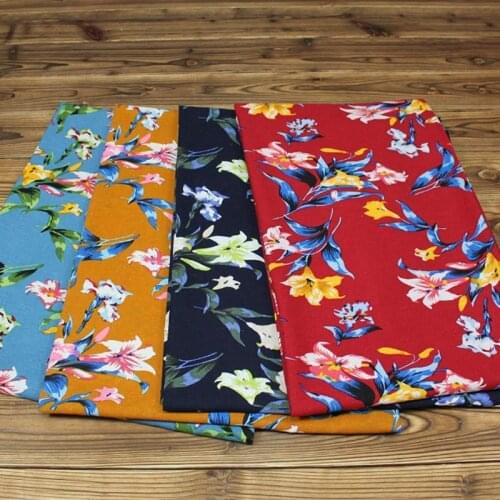 Cotton/linen ethnic style dark blue orange red lily print fabric for DIY apparel dress tablecloth cushion handwork decor textile