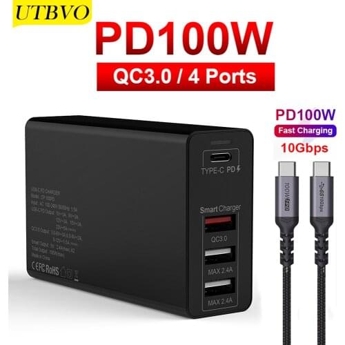 UTBVO 100W TYPE-C USB-C Power Adapter, PD100W Charger For USB-C Laptops MacBook Pro/Air iPad Pro, QC3.0 USB for Samsung iPhone