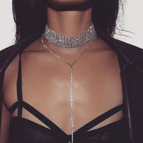 Women Fashion Crystal Rhinestone Multilayer Choker Necklace Tassel Chain Necklace Sexy Chokers Luxury Jewelry