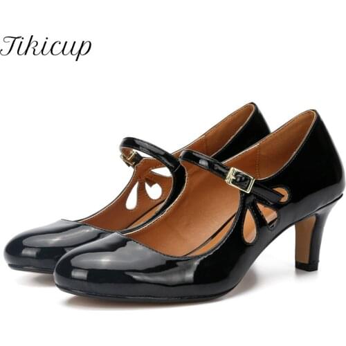 Tikicup Women Patent Black Mary Jane Kitten Heel Pumps 6cm Elegant Ladies Retro Formal Dress Shoes Plus Size 36-46