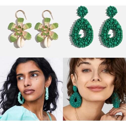 Flatfoosie Bohemian Ethnic Green Beads Drop Earrings For Women Handmade Statement Jewelry Dangle Flower Earring Female Jewelry