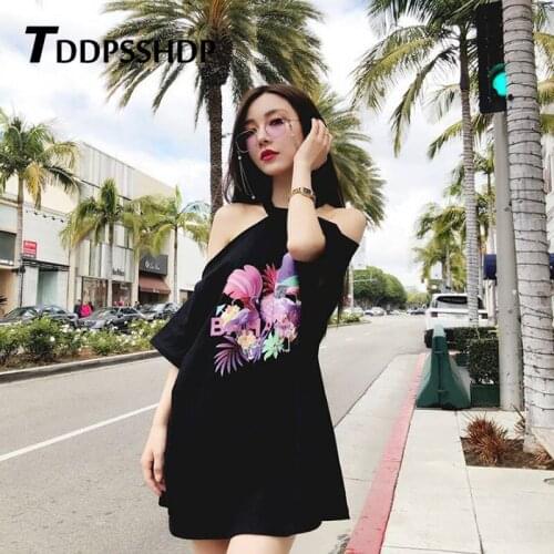 Fruit Flamingo Printing Expose Shoulder Women Dress Halter Casual Black and Pink Female Dresses