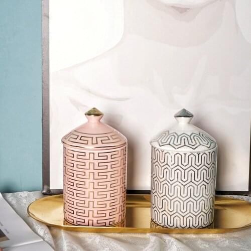 Golden Silver Geometric line With Lid Ceramic Decor Aromatherapy Candle Holder Candelabra Crafts Cotton Jewelry Storage Jar