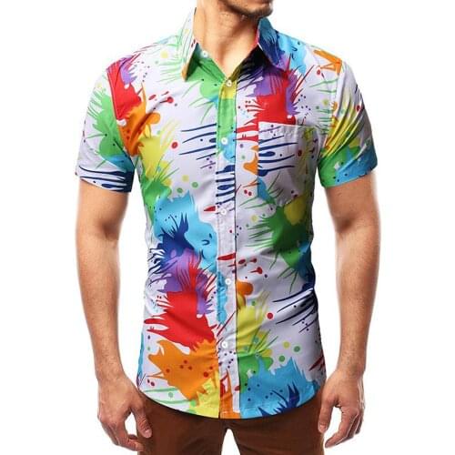 65# Mens Fashion Ink Splash Summer Casual Plus Size Beach Single-breasted Lapel Shirt Home Holiday Printing And Dyeing T Shirt