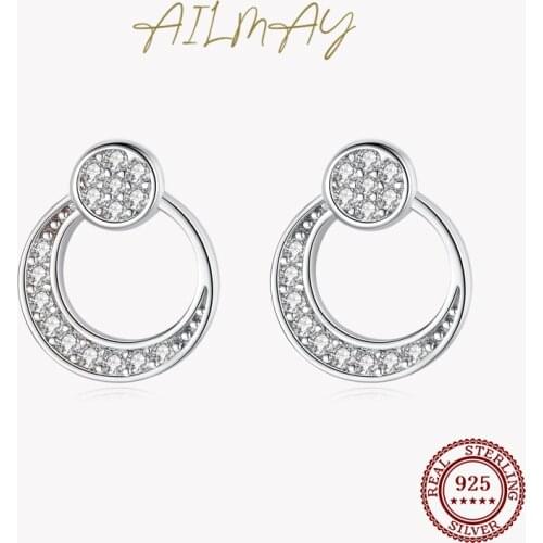 Ailmay 925 Sterling Silver Round Hollow Stud Earrings Clear Zircon For Women Hypoallergenic Jewelry Gift 2021 New Style Bague