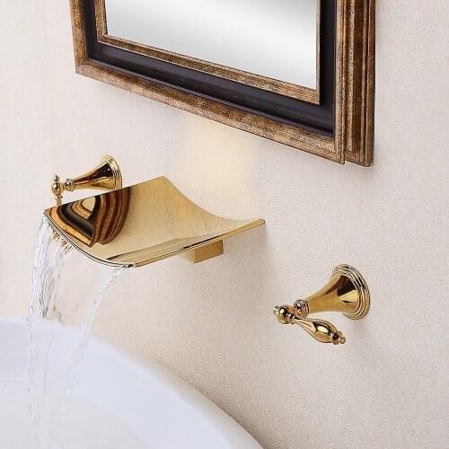 Free ship Modern Ti-PVD Gold Waterfall Wall Mount Bathroom Bath Widespread Sink Faucet Tap