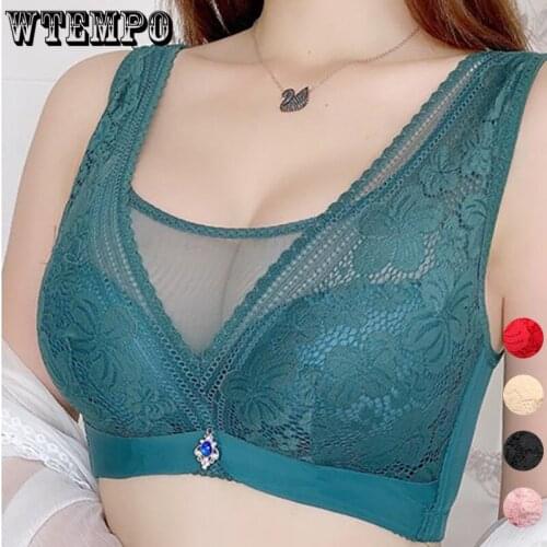 Push Up Bras Women Sexy Lace Floral Bra Underwear Plus Size Transparent Mesh Seamless Soft Bralette Wireless Gather Brassiere