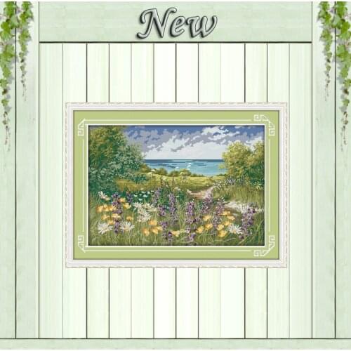 Cliffside path seaside scenery painting cartoon Counted Print on canvas DMC 11CT 14CT Cross Stitch kits Needlework Set embroider