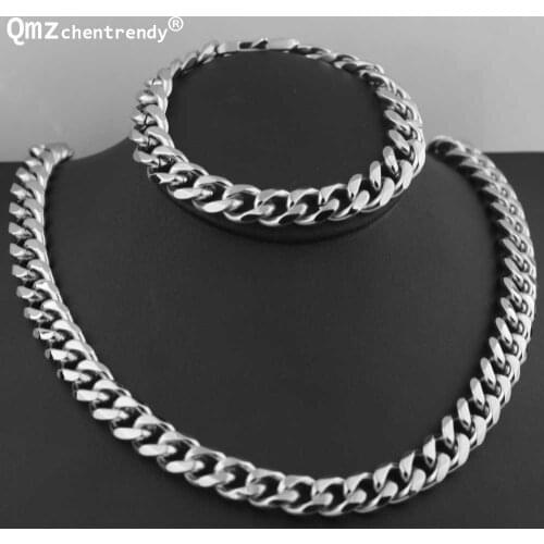 12mm Lovers Pairs 316L Stainless Steel Cuban Chain Necklace Bracelet Bangle For Women Men Jewelry Sets Lovers Gift