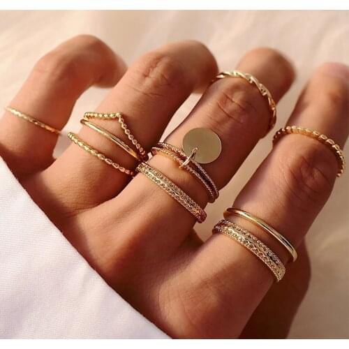 9Pcs Boho Round Pendant V Shape Geometry Ring Set Womens Vintage Gold Erotic Man Wedding Opening Charm Rings Girl Jewelry Gift