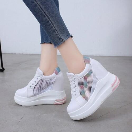 Thick Sole Wedges Women Sneakers Comfortable High Platform Shoes Chunky Heel Casual Shoes 2021 Spring Breathable Sneakers 11cm