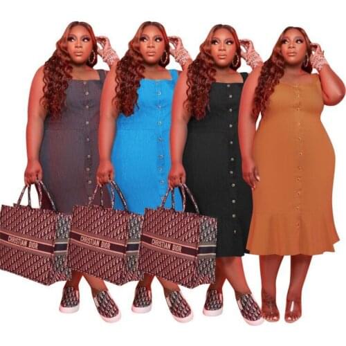 Summer Midi Dresses Casual Solid Color Sling Buttons Back Bandage Commuting Plus Size Womens Dress 5xl Wholesale Dropshipping