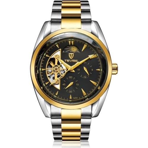TEVISE Men Watch Tourbillon Automatic Leather Strap Watches Luxury Moon Phase Mechanical Waterproof Watch Hollow Out Dial
