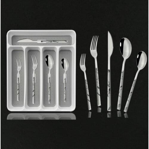 30Pcs Dinnerware Set Stainless Steel Tableware Set Knife Fork Spoon Cutlery Set Plastic Storage Tray Flatware Dishwasher Safe